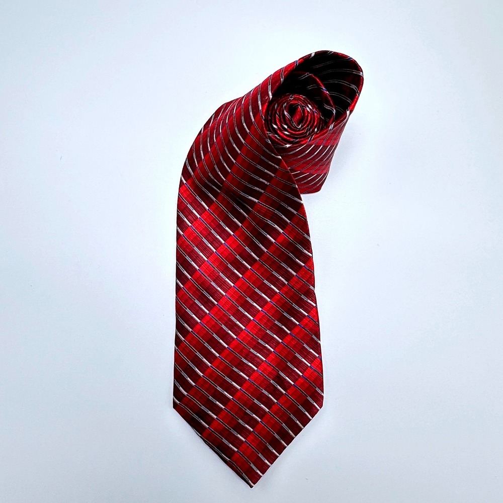 Enrico Guccini Men Red Plaid Striped 100% Silk Extra Long XL Necktie 4 Inch Wide